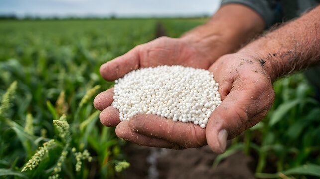 Farmer holding white granular fertilizer in hands over green field.