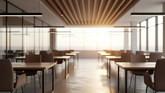 Sunlit modern office with tables and chairs