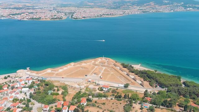 Kilitbahir, Turkey. Namazgah Bastion, the largest 19th-century coastal artillery battery, with the medieval Kilitbahir Castle in the background. Aerial view.
