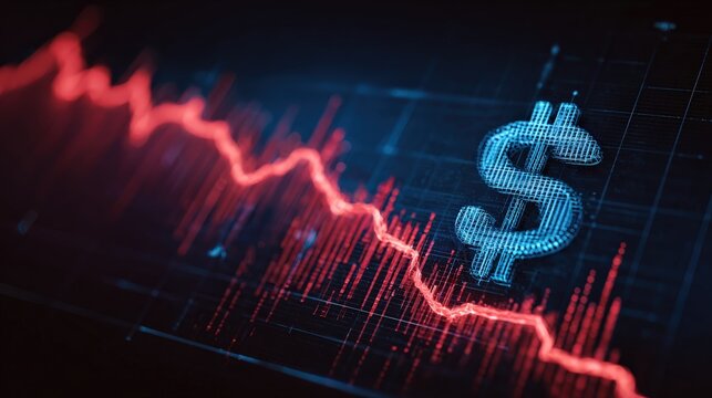 The financial graph dramatically plunges downward, next to a illuminated dollar symbol, symbolizing economic recession and market decline. ..Created with Generative AI, not depicting real subjects.