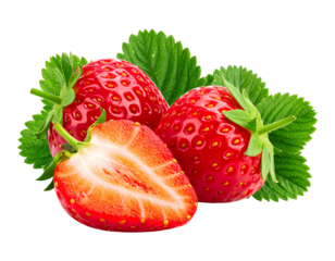 Fresh ripe strawberries with one sliced half and green leaves, isolated on a transparent background, PNG