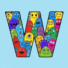 Letter W Filled with Colorful Cartoon Monsters Illustration for Kids.