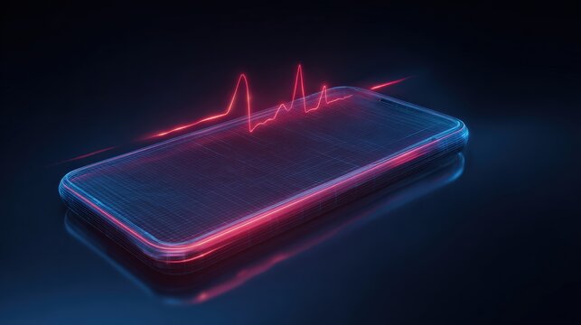 The futuristic smartphone pulsates with an energetic red heartbeat. The dark environment highlights the sleek technology. ..Created with Generative AI, not depicting real subjects.