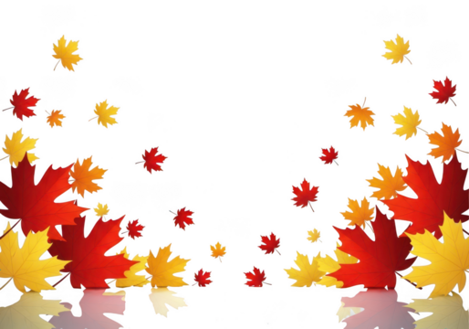 Autumn leaves falling isolated on transparent background with reflection effect