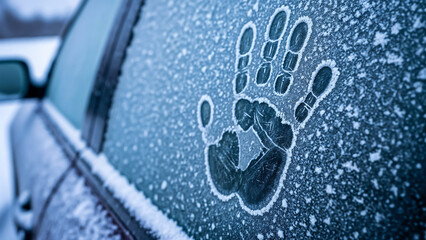 Frozen handprint on car window – Symbol of human presence and cold isolation