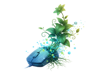 Digital Growth: Computer Mouse with Green Foliage and Vibrant Particles on white background