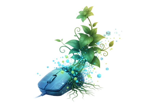 Digital Growth: Computer Mouse with Green Foliage and Vibrant Particles on white background