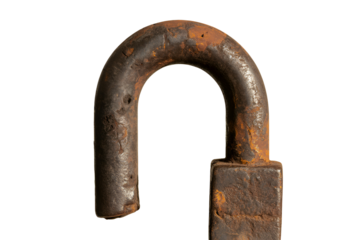 Close up of a rusty metal shackle isolated on transparent background