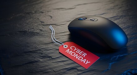 Wireless computer mouse with a 'Cyber Monday' discount label on a dark slate background for online shopping concept and digital sales event