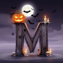 Halloween letter M with pumpkin, bats, moon and candles.