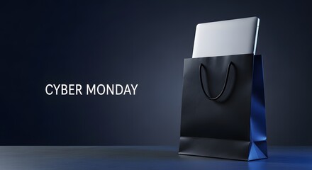 Sleek black shopping bag holding a new laptop for Cyber Monday online shopping concept against a minimalist dark blue background with glowing light