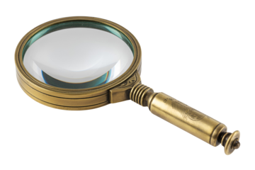 Antique brass magnifying glass isolated on transparent background