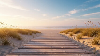 Wooden boardwalk leading to ocean at sunrise