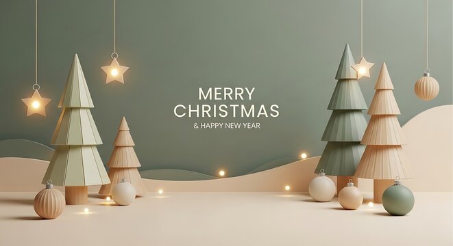 Winter christmas composition in paper cut style - Merry Christmas text Calligraphic Lettering illustration - Chrismas Card