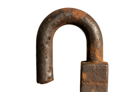 Close up of a rusty metal shackle isolated on transparent background