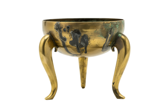Ancient ornate bronze tripod censer isolated on transparent background