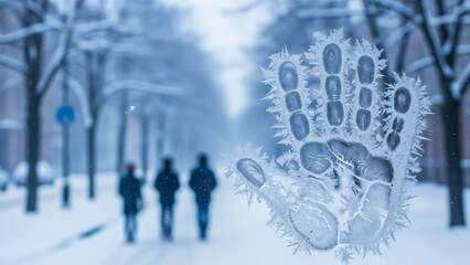 Frosted handprint on city glass – Symbol of memory and fleeting moments in winter