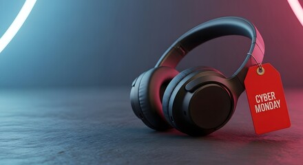 Modern black headphones featuring a Cyber Monday sale tag on a dark background with vibrant neon lighting for online shopping concept and discount promotion