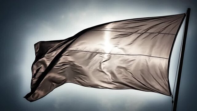 A Tattered Brown Flag Waves Majestically Against a Dramatic Sky with Sunlight Breaking Through Clouds