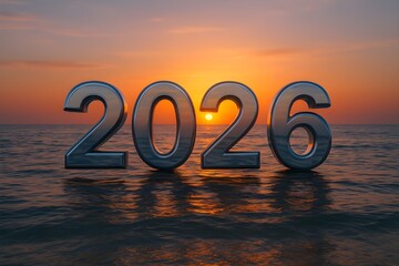 Metallic 2026 numbers reflecting in water at sunset, symbolizing a new year or future.