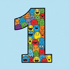 Number One Filled with Colorful Cartoon Monster Characters.