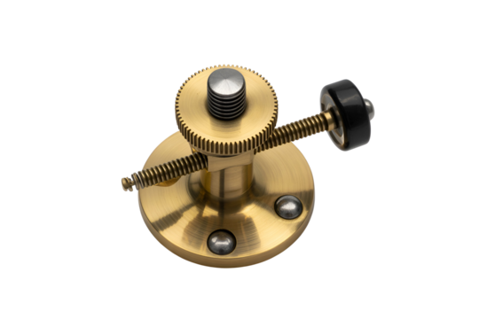 Brass mechanical adjustment knob with threaded rod isolated on transparent background