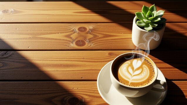 Steaming coffee cup with latte art and succulent on wooden table - Powered by Adobe