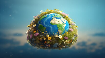 Naklejka premium Earth covered in flowers and greenery, symbolizing environmental conservation.
