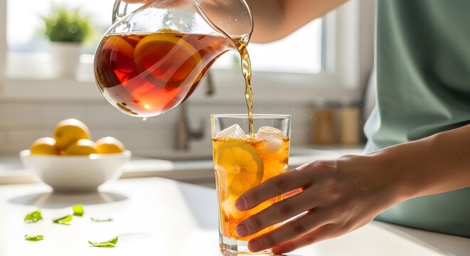A person pours refreshing iced tea from a glass pitcher into a tall glass filled with ice and lemon slices in a sunlit kitchen.