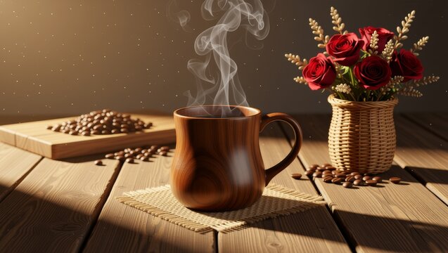 Steaming coffee mug with red roses and beans on wooden table - Powered by Adobe