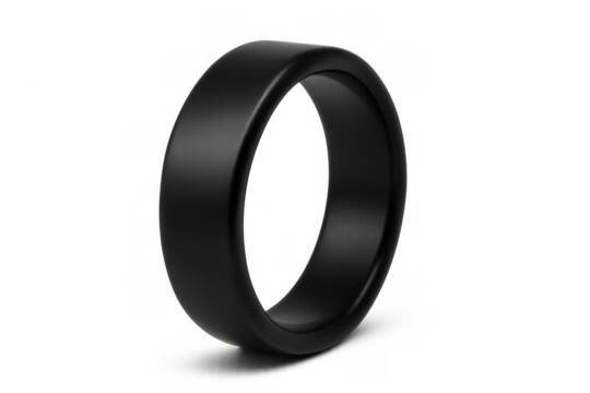 Black matte wedding band or engagement ring standing on a transparent background, symbolizing commitment and modern style