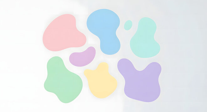 A collection of abstract organic shapes in soft pastel colors.