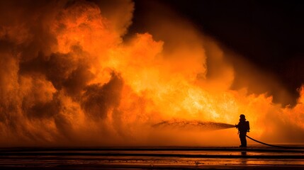 Firefighter battling a massive blaze at night, silhouetted against intense flames and smoke.