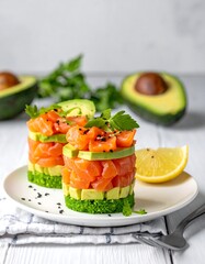 Stacked salmon, avocado, and green vegetable tartare on white plate