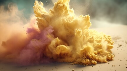 Explosion of bright yellow smoke and dust on a neutral background.