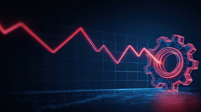A digital cogwheel, overlaid with a dynamic line graph, representing market trends in a high-tech visualization. ..Created with Generative AI, not depicting real subjects.