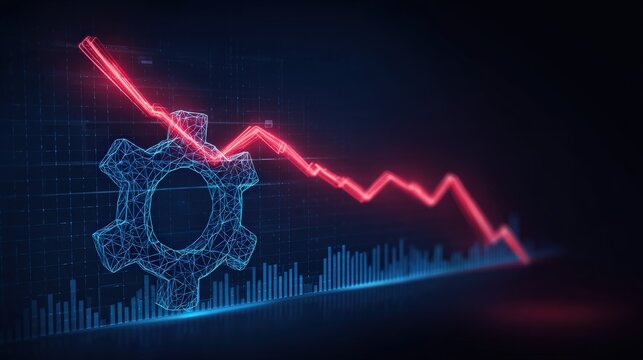 A dramatic visualization of economic downturn. A downward-trending red line snakes across a digital graph, above the industrial symbol. ..Created with Generative AI, not depicting real subjects.