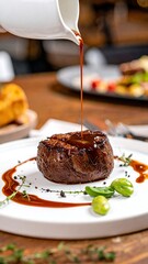 Succulent cooked steak, sauce drizzled on a white plate