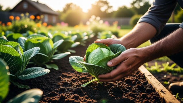Hands planting cabbage in garden bed