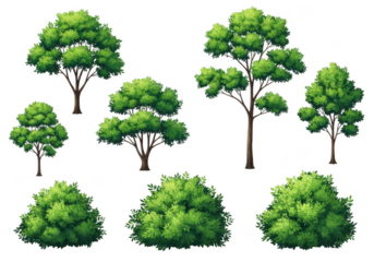 Illustration of various tree and bush types isolated on transparent background