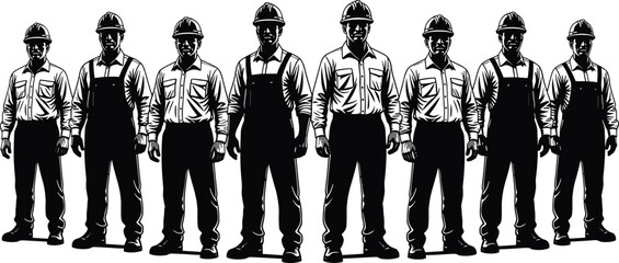 Hardworking construction workers, blue-collar tradesmen, engineers, and industrial labor team standing confidently in uniform, wearing safety hardhats, symbolizing teamwork, 
