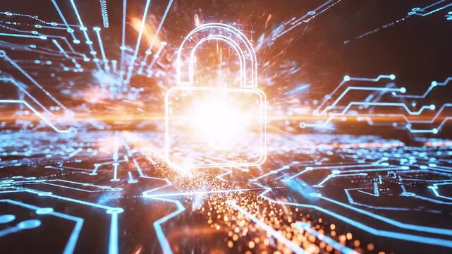 Glowing orangeglow lock rests on neon circuit lines, symbolizing digital security and data shielded