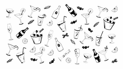 Hand drawn black and white pattern of cocktails drinks bottles and candies