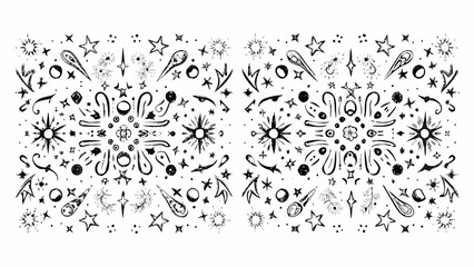 Hand drawn black and white celestial elements and stars border © MihirKumarMondal