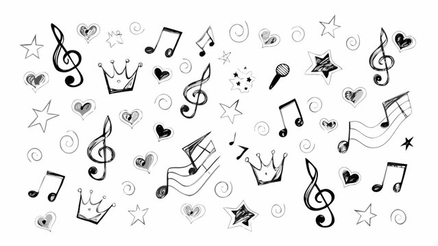 Hand drawn music notes hearts stars and crowns seamless pattern