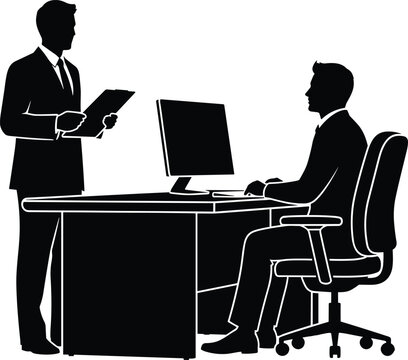 Professional business people discussing project strategy at office desk, silhouette vector illustration of male manager boss giving instructions to employee worker for corporate teamwork