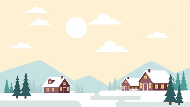 Snowy Mountain Village Vector Animation