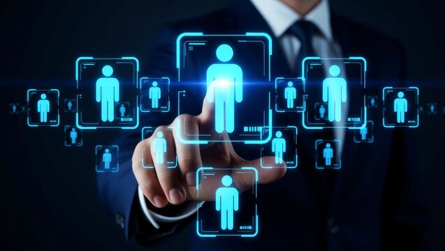 Hand interacting with digital human profile icons - Powered by Adobe