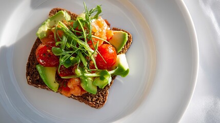 Enjoy vibrant avocado toast with fresh tomatoes and greens on rustic bread for a healthy and delicious breakfast or brunch experience