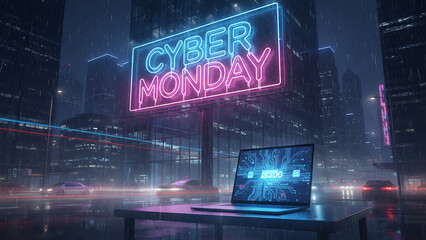 Cyber Monday neon sign on a billboard in a rainy futuristic city. E-commerce sale and online shopping promotion concept, futuristic urban e-commerce theme